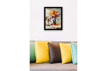 Inramad Canvastavla i trä - 41x56 cm - Färgglad bukett med blommor och ett vinglas - Röd / Gul / Grön - Inredning - Tavlor & posters - Canvastavla