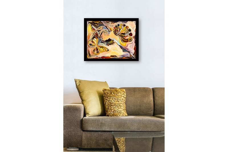 Inramad Canvastavla i trä - 41x56 cm - Färgglad fjäril i en abstrakt komposition med snäckformade element - Guld / Orange / Brun - Inredning - Tavlor & posters - Canvastavla