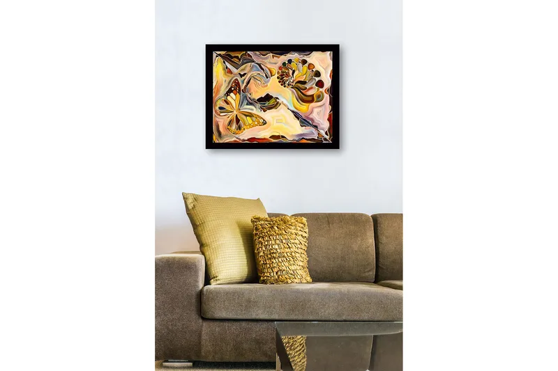 Inramad Canvastavla i trä - 41x56 cm - Färgglad fjäril i en abstrakt komposition med snäckformade element - Guld / Orange / Brun - Inredning - Tavlor & posters - Canvastavla