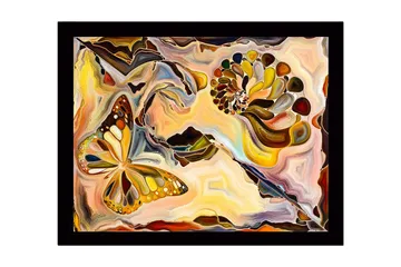 Inramad Canvastavla i trä - 41x56 cm - Färgglad fjäril i en abstrakt komposition med snäckformade element - Guld / Orange / Brun - Inredning - Tavlor & posters - Canvastavla