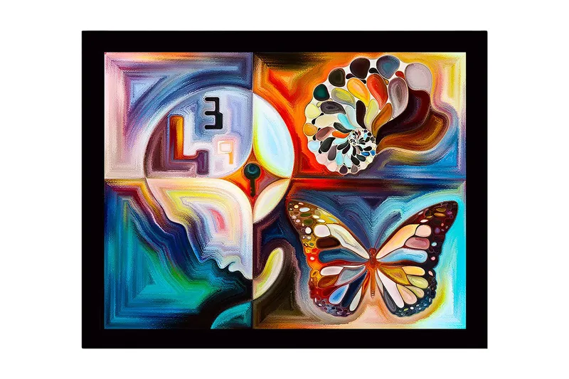 Inramad Canvastavla i trä - 41x56 cm - Färgglad fjäril med abstrakta former och mönster, Blå / Orange / Vit