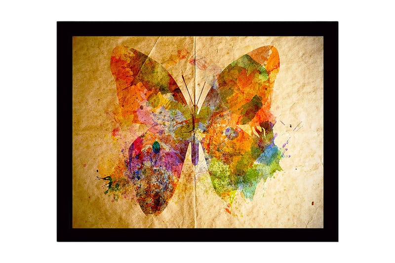 Inramad Canvastavla i trä - 41x56 cm - Färgglad fjäril med abstrakta mönster, Orange / Grön / Lila