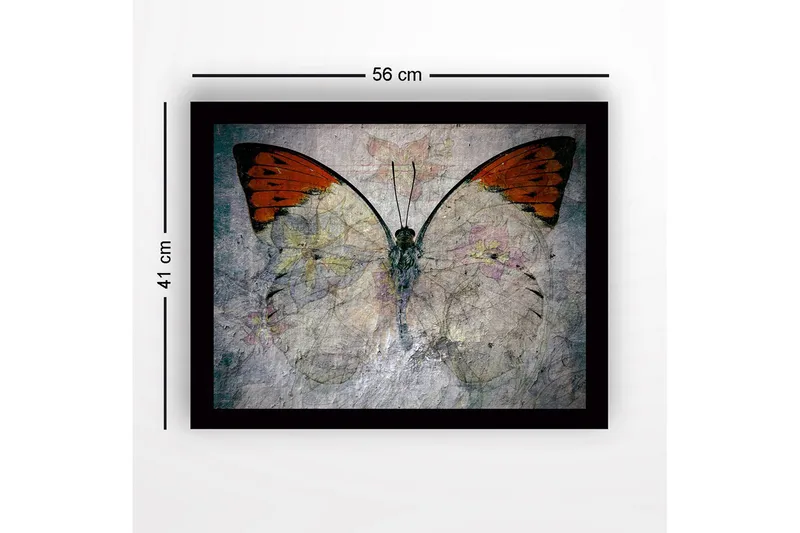 Inramad Canvastavla i trä - 41x56 cm - Färgglad fjäril med blommotiv - Orange / Ljusgrå / Grön - Inredning - Tavlor & posters - Canvastavla