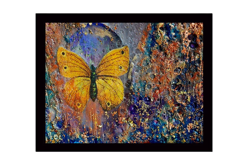 Inramad Canvastavla i trä - 41x56 cm - Färgglad fjäril med detaljerad textur i bakgrunden, Guld / Blå / Orange