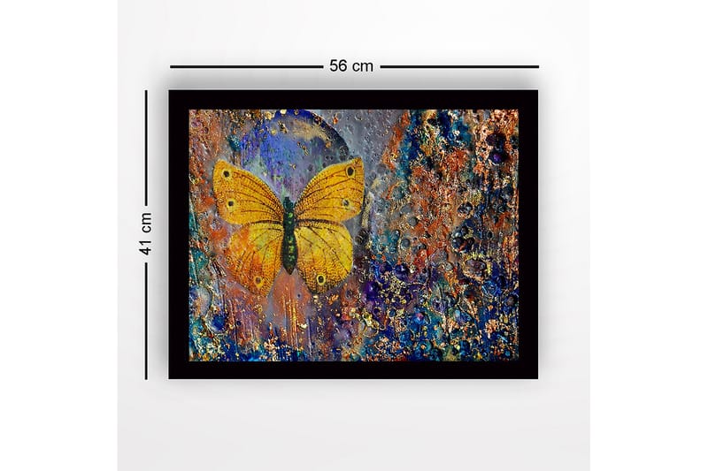 Inramad Canvastavla i trä - 41x56 cm - Färgglad fjäril med detaljerad textur i bakgrunden - Guld / Blå / Orange - Inredning - Tavlor & posters - Canvastavla