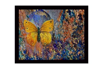 Inramad Canvastavla i trä - 41x56 cm - Färgglad fjäril med detaljerad textur i bakgrunden - Guld / Blå / Orange - Inredning - Tavlor & posters - Canvastavla
