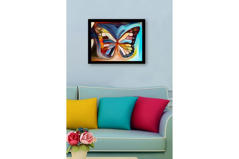 Inramad Canvastavla i trä - 41x56 cm - Färgglad fjäril med detaljerade mönster - Blå / Orange / Gul - Inredning - Tavlor & posters - Canvastavla