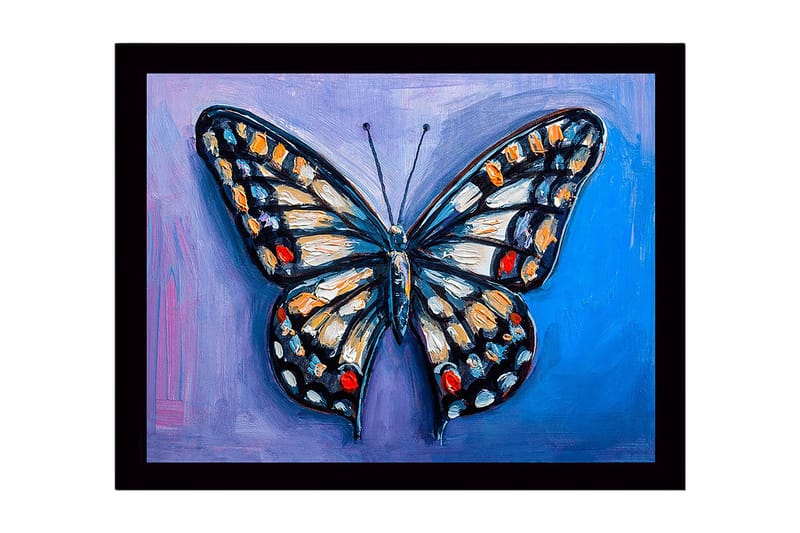 Inramad Canvastavla i trä - 41x56 cm - Färgglad fjäril med detaljerade vingar, Blå / Orange / Svart