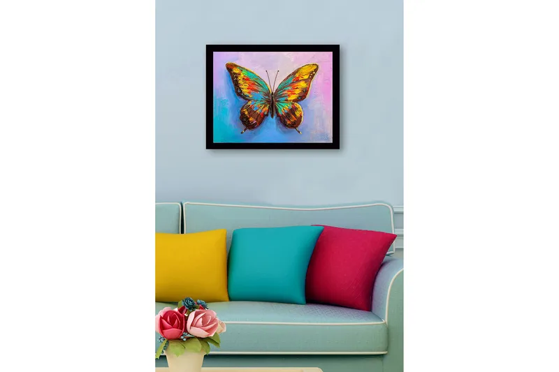 Inramad Canvastavla i trä - 41x56 cm - Färgglad fjäril med detaljerade vingar - Guld / Brun / Turkos - Inredning - Tavlor & posters - Canvastavla