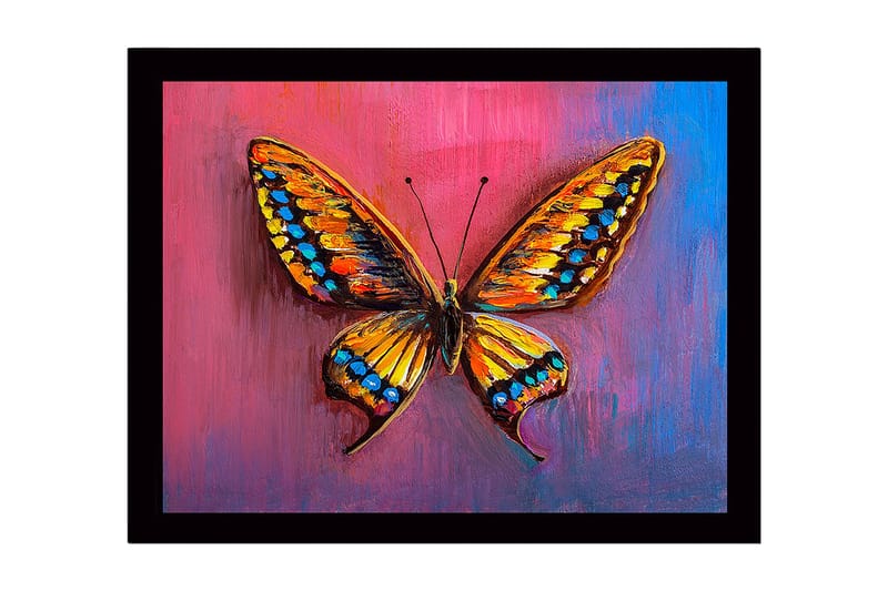Inramad Canvastavla i trä - 41x56 cm - Färgglad fjäril med detaljerade vingar, Orange / Blå / Rosa