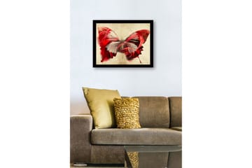 Inramad Canvastavla i trä - 41x56 cm - Färgglad fjäril med inslag av ansikten - Röd / Grå / Beige - Inredning - Tavlor & posters - Canvastavla