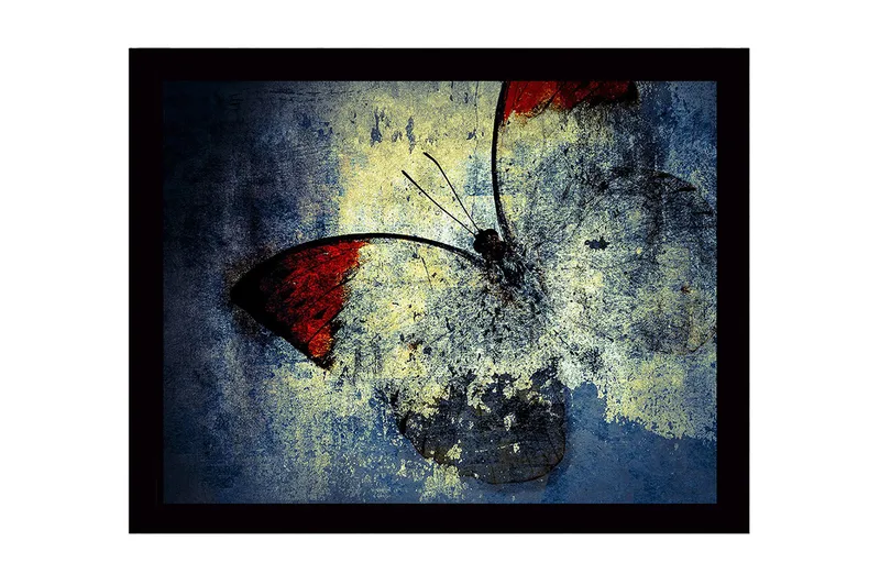 Inramad Canvastavla i trä - 41x56 cm - Färgglad fjäril med röda vingar, Röd / Blå / Gul