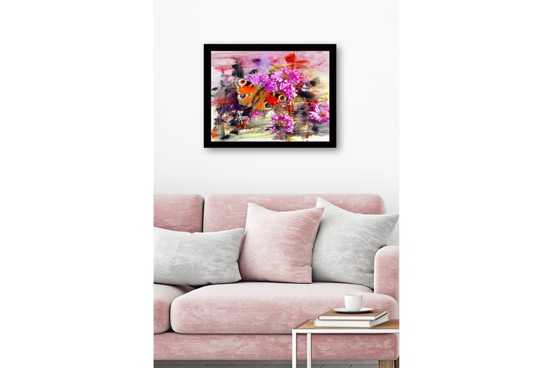 Inramad Canvastavla i trä - 41x56 cm - Färgglad fjäril omgiven av blommor - Rosa / Orange / Grön - Inredning - Tavlor & posters - Canvastavla