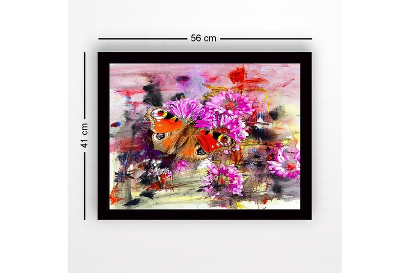 Inramad Canvastavla i trä - 41x56 cm - Färgglad fjäril omgiven av blommor - Rosa / Orange / Grön - Inredning - Tavlor & posters - Canvastavla