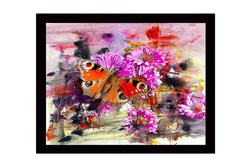 Inramad Canvastavla i trä - 41x56 cm - Färgglad fjäril omgiven av blommor, Rosa / Orange / Grön