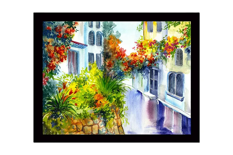 Inramad Canvastavla i trä - 41x56 cm - Färgglad gata med blommande växter och husfasader, Grön / Röd / Gul