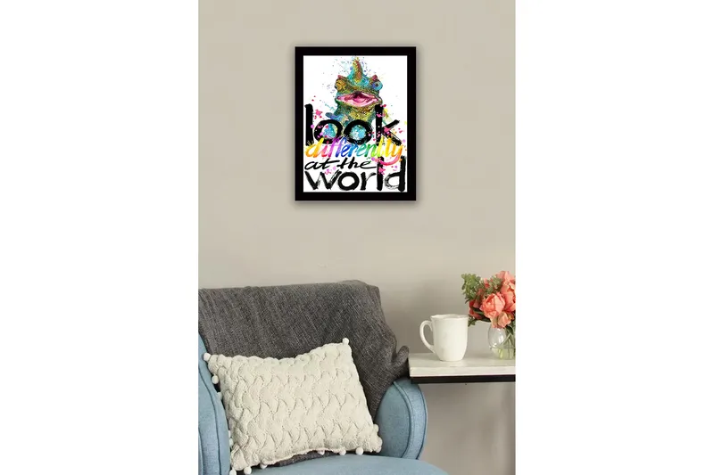 Inramad Canvastavla i trä - 41x56 cm - Färgglad kameleont med inspirerande text - Grön / Rosa / Gul - Inredning - Tavlor & posters - Canvastavla