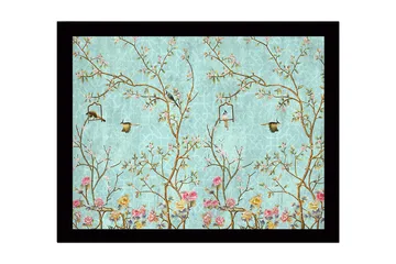 Inramad Canvastavla i trä - 41x56 cm - Färgglad komposition med fåglar och blommor i en grönskande miljö - Blå / Rosa / Grön - Inredning - Tavlor & posters - Canvastavla