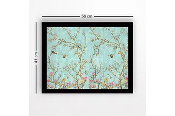 Inramad Canvastavla i trä - 41x56 cm - Färgglad komposition med fåglar och blommor i en grönskande miljö - Blå / Rosa / Grön - Inredning - Tavlor & posters - Canvastavla