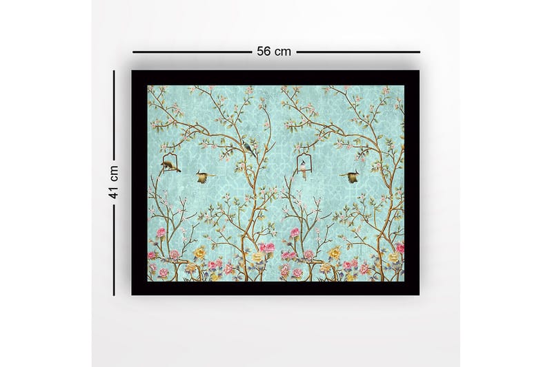 Inramad Canvastavla i trä - 41x56 cm - Färgglad komposition med fåglar och blommor i en grönskande miljö - Blå / Rosa / Grön - Inredning - Tavlor & posters - Canvastavla