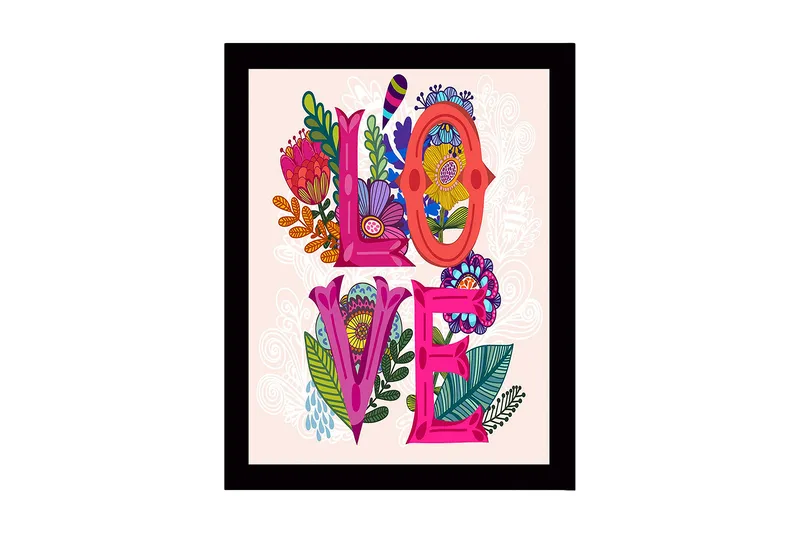 Inramad Canvastavla i trä - 41x56 cm - Färgglad komposition med ordet LOVE omgiven av blommor och bladverk, Rosa / Grön / Orange
