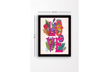 Inramad Canvastavla i trä - 41x56 cm - Färgglad komposition med ordet LOVE omgiven av blommor och bladverk - Rosa / Grön / Orange - Inredning - Tavlor & posters - Canvastavla
