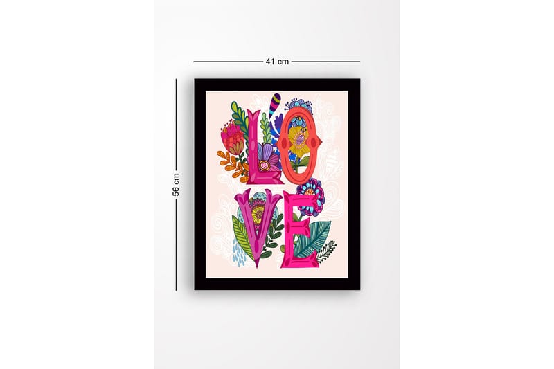 Inramad Canvastavla i trä - 41x56 cm - Färgglad komposition med ordet LOVE omgiven av blommor och bladverk - Rosa / Grön / Orange - Inredning - Tavlor & posters - Canvastavla