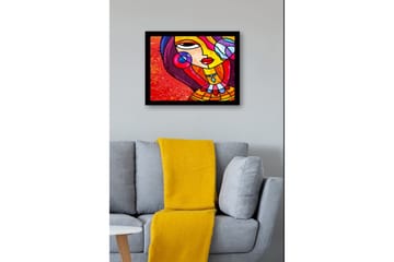 Inramad Canvastavla i trä - 41x56 cm - Färgglad kvinna med stiliserat ansikte och smycken - Röd / Gul / Lila - Inredning - Tavlor & posters - Canvastavla