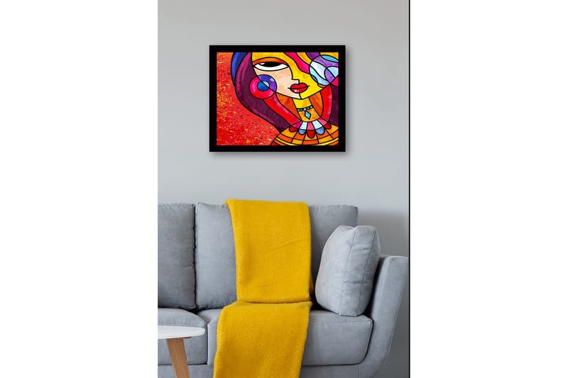 Inramad Canvastavla i trä - 41x56 cm - Färgglad kvinna med stiliserat ansikte och smycken - Röd / Gul / Lila - Inredning - Tavlor & posters - Canvastavla