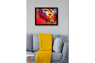 Inramad Canvastavla i trä - 41x56 cm - Färgglad kvinna med stiliserat ansikte och smycken - Röd / Gul / Lila - Inredning - Tavlor & posters - Canvastavla