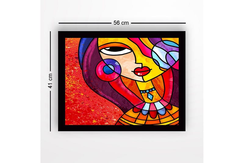 Inramad Canvastavla i trä - 41x56 cm - Färgglad kvinna med stiliserat ansikte och smycken - Röd / Gul / Lila - Inredning - Tavlor & posters - Canvastavla