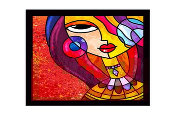 Inramad Canvastavla i trä - 41x56 cm - Färgglad kvinna med stiliserat ansikte och smycken - Röd / Gul / Lila - Inredning - Tavlor & posters - Canvastavla