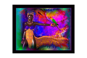 Inramad Canvastavla i trä - 41x56 cm - Färgglad kvinna med papegoja i en livfull miljö - Lila / Gul / Grön - Inredning - Tavlor & posters - Canvastavla