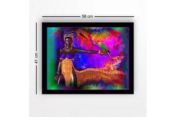 Inramad Canvastavla i trä - 41x56 cm - Färgglad kvinna med papegoja i en livfull miljö - Lila / Gul / Grön - Inredning - Tavlor & posters - Canvastavla