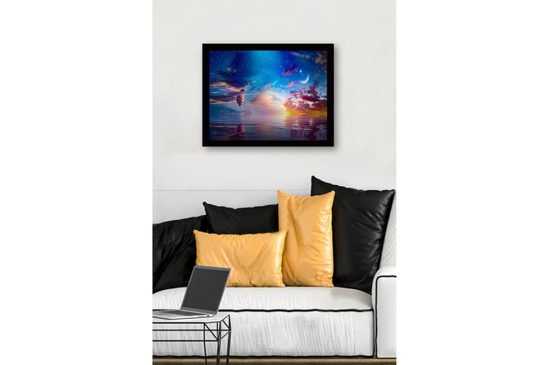 Inramad Canvastavla i trä - 41x56 cm - Färgglad luftballong sväva över en spegelblanka sjö vid solnedgången - Blå / Orange / Lila - Inredning - Tavlor & posters - Canvastavla