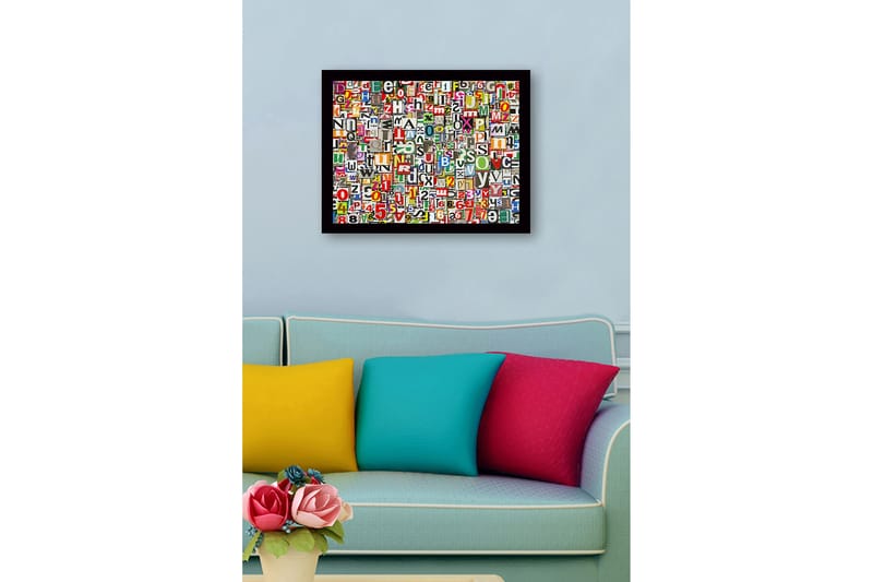 Inramad Canvastavla i trä - 41x56 cm - Färgglad samling av bokstäver och siffror - Röd / Grön / Gul - Inredning - Tavlor & posters - Canvastavla