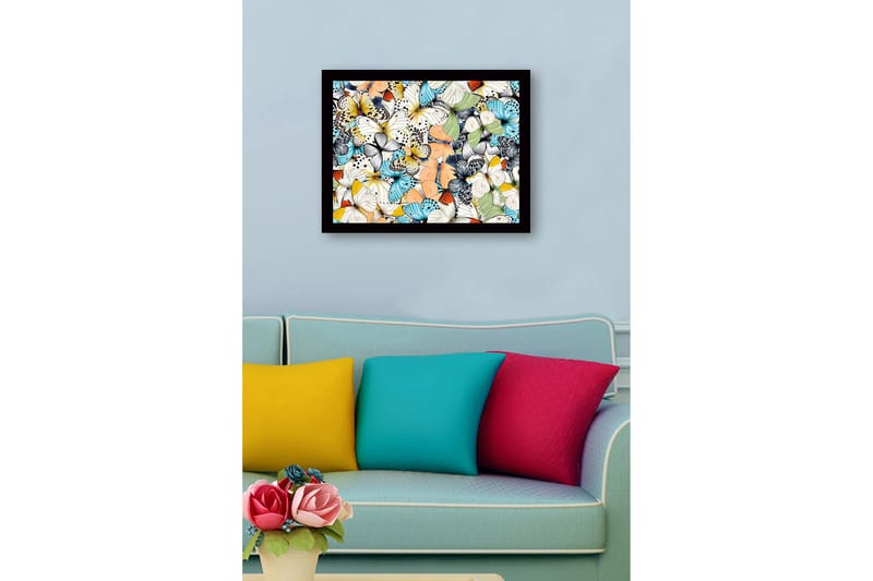 Inramad Canvastavla i trä - 41x56 cm - Färgglad samling av fjärilar - Blå / Vit / Orange - Inredning - Tavlor & posters - Canvastavla