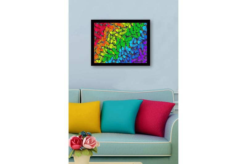 Inramad Canvastavla i trä - 41x56 cm - Färgglad samling av fjärilar i olika nyanser - Grön / Blå / Röd - Inredning - Tavlor & posters - Canvastavla