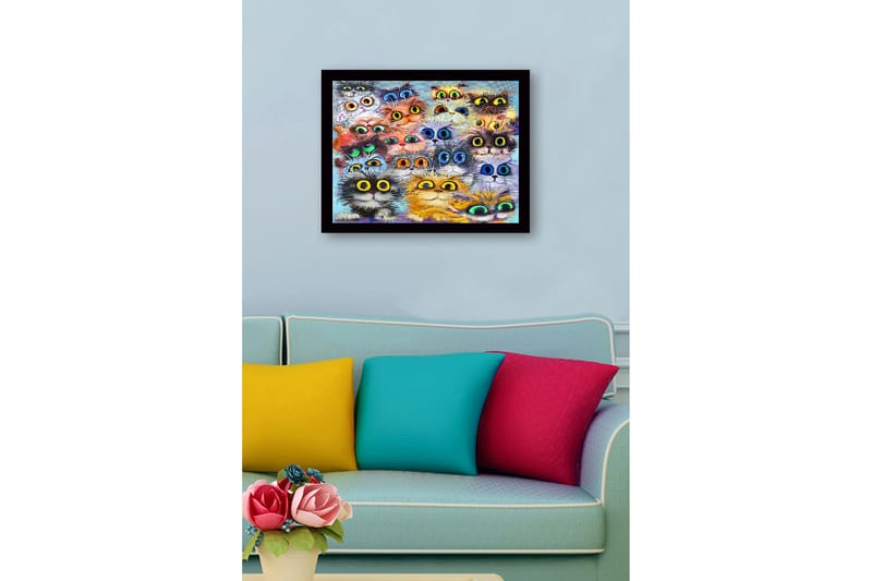 Inramad Canvastavla i trä - 41x56 cm - Färgglad samling av kattansikten med stora ögon - Orange / Svart / Blå - Inredning - Tavlor & posters - Canvastavla
