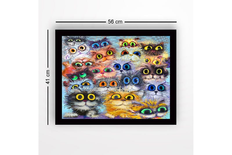 Inramad Canvastavla i trä - 41x56 cm - Färgglad samling av kattansikten med stora ögon - Orange / Svart / Blå - Inredning - Tavlor & posters - Canvastavla