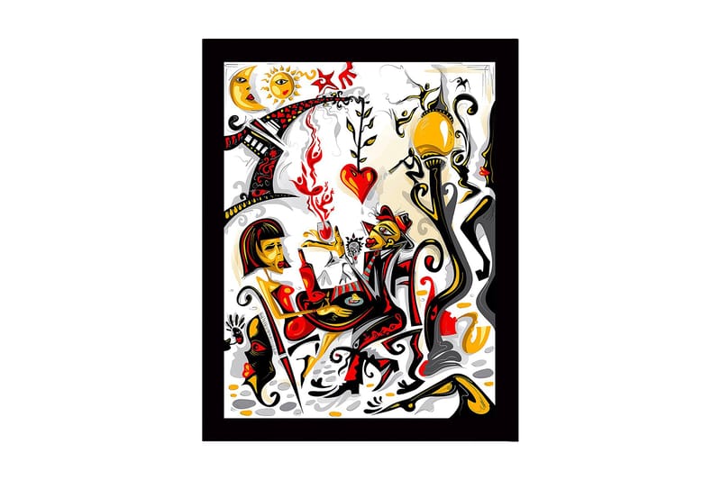 Inramad Canvastavla i trä - 41x56 cm - Färgglad scen med två figurer som interagerar i en romantisk atmosfär, Röd / Svart / Gul