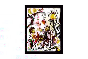 Inramad Canvastavla i trä - 41x56 cm - Färgglad scen med två figurer som interagerar i en romantisk atmosfär - Röd / Svart / Gul - Inredning - Tavlor & posters - Canvastavla