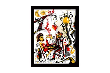 Inramad Canvastavla i trä - 41x56 cm - Färgglad scen med två figurer som interagerar i en romantisk atmosfär - Röd / Svart / Gul - Inredning - Tavlor & posters - Canvastavla