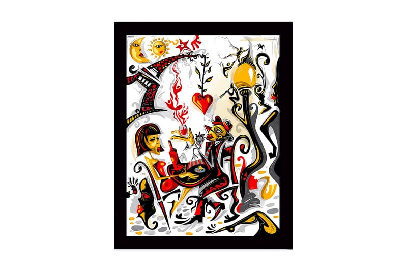 Inramad Canvastavla i trä - 41x56 cm - Färgglad scen med två figurer som interagerar i en romantisk atmosfär, Röd / Svart / Gul