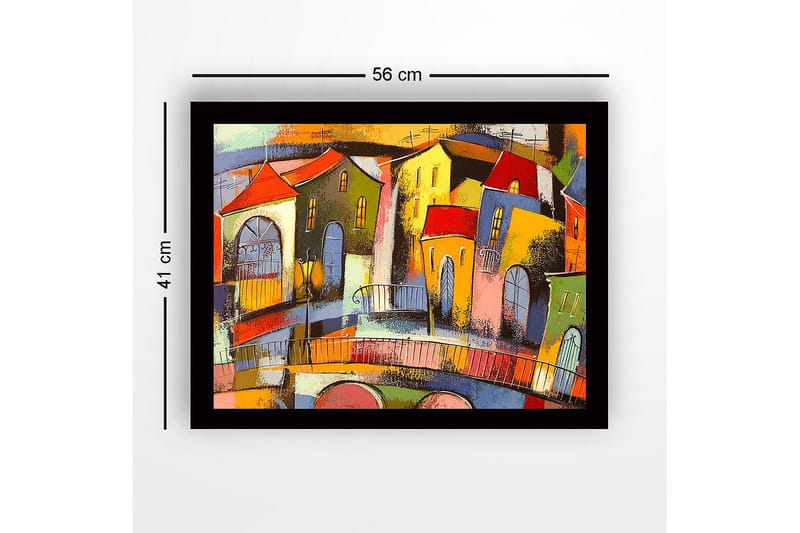Inramad Canvastavla i trä - 41x56 cm - Färgglad stadsbild med snedställda hus och broar - Röd / Grön / Gul - Inredning - Tavlor & posters - Canvastavla