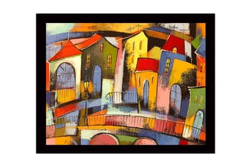 Inramad Canvastavla i trä - 41x56 cm - Färgglad stadsbild med snedställda hus och broar - Röd / Grön / Gul - Inredning - Tavlor & posters - Canvastavla