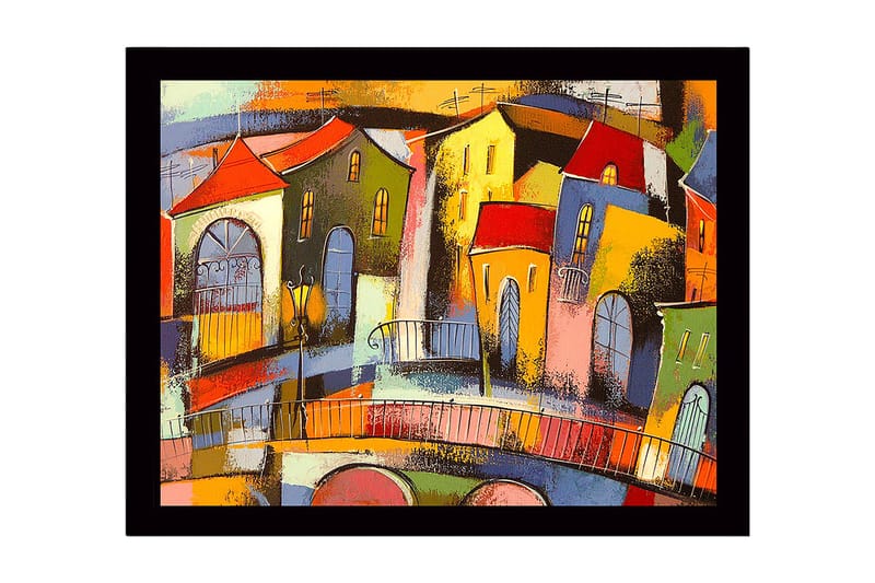 Inramad Canvastavla i trä - 41x56 cm - Färgglad stadsbild med snedställda hus och broar, Röd / Grön / Gul