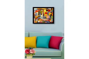 Inramad Canvastavla i trä - 41x56 cm - Färgglad stadsbild med snedställda hus och broar - Röd / Grön / Gul - Inredning - Tavlor & posters - Canvastavla