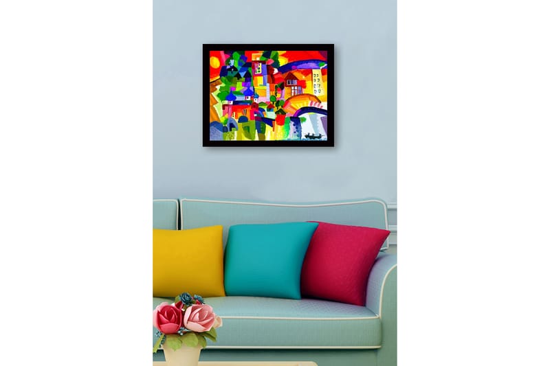 Inramad Canvastavla i trä - 41x56 cm - Färgglad stadssilhuett med kupoler och byggnader - Röd / Grön / Blå - Inredning - Tavlor & posters - Canvastavla
