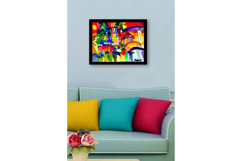 Inramad Canvastavla i trä - 41x56 cm - Färgglad stadssilhuett med kupoler och byggnader - Röd / Grön / Blå - Inredning - Tavlor & posters - Canvastavla